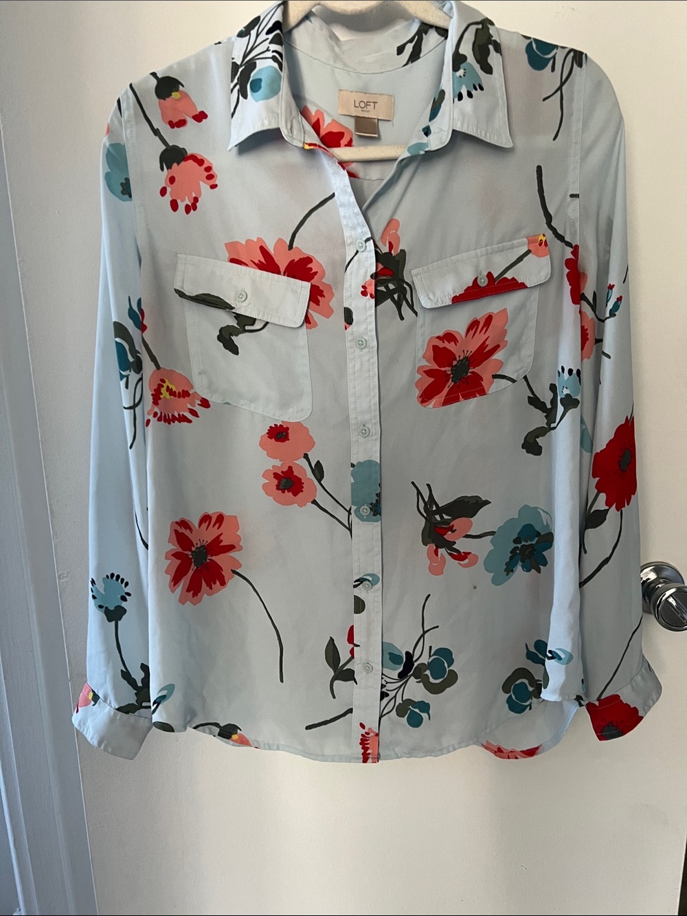 LOFT Floral Button-Down Blouse in Light Blue with Red & Teal Flowers